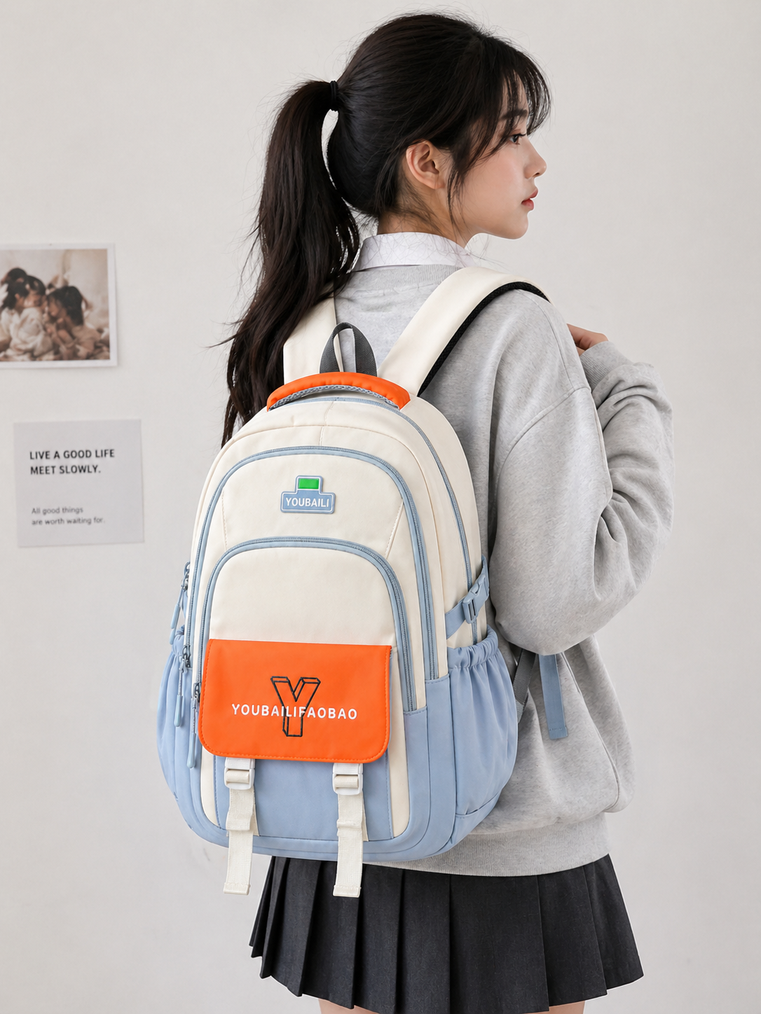 Korean Style Girls School Backpack | Cute College Bag for Girls with Multiple Compartments & Side Bottle Pockets